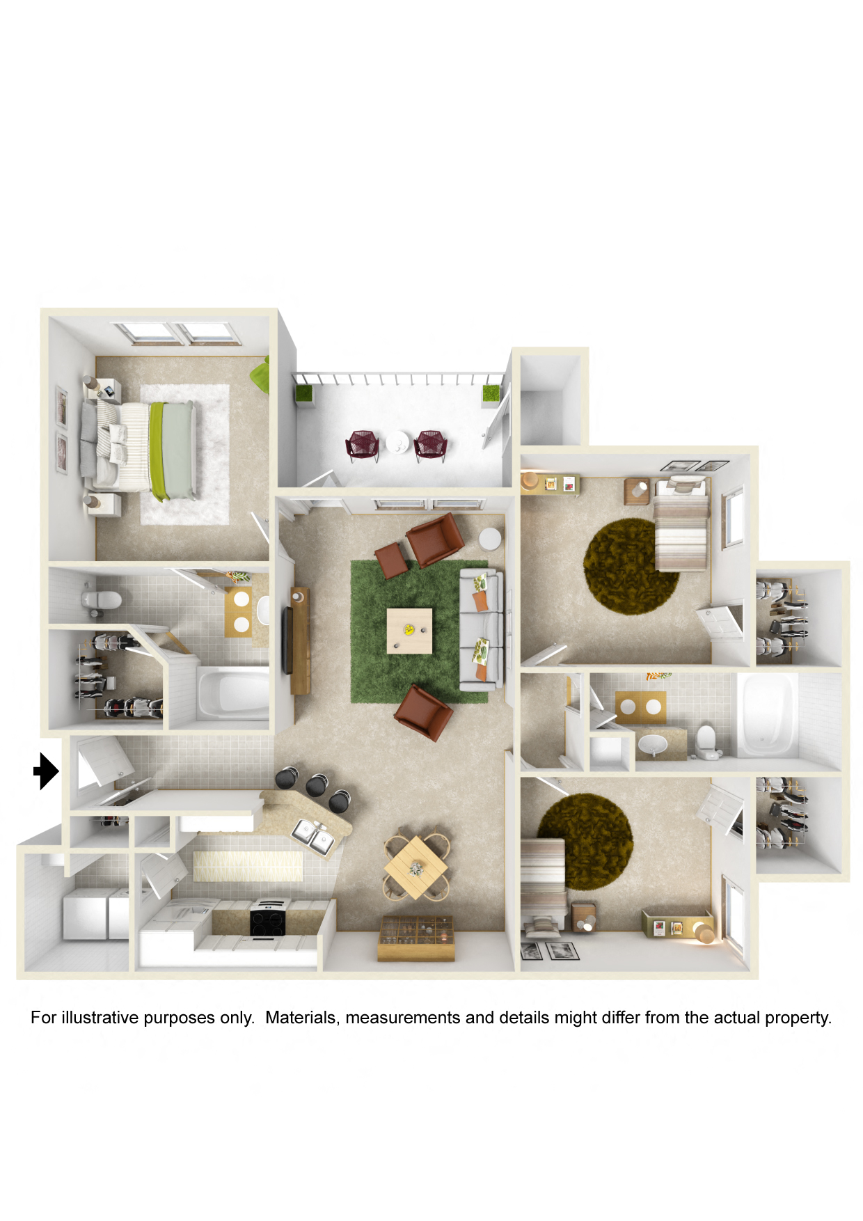 Floor plan for 3 beds, 2 baths, 1240 sqft